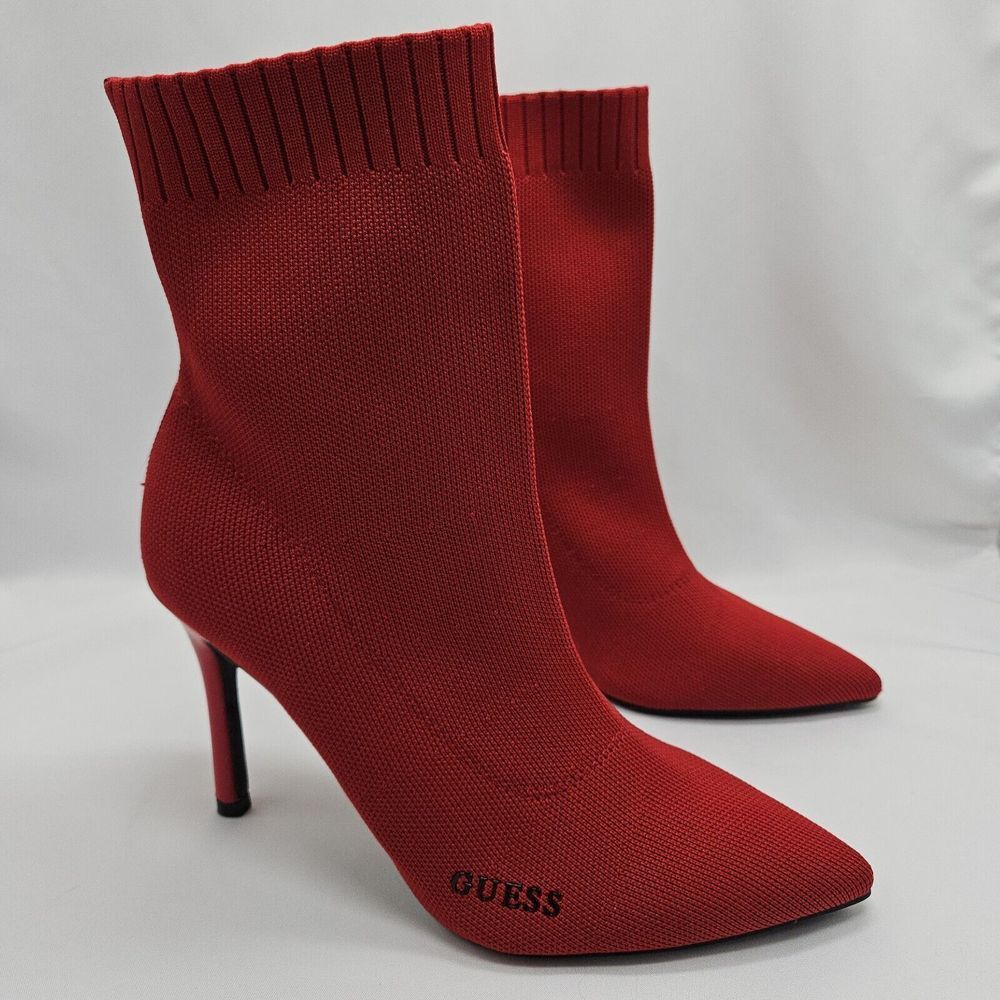 Guess Fabric Bootie Sz 9 Tear Stretch Heeled Stiletto Pointed Toe Mid Calf Red